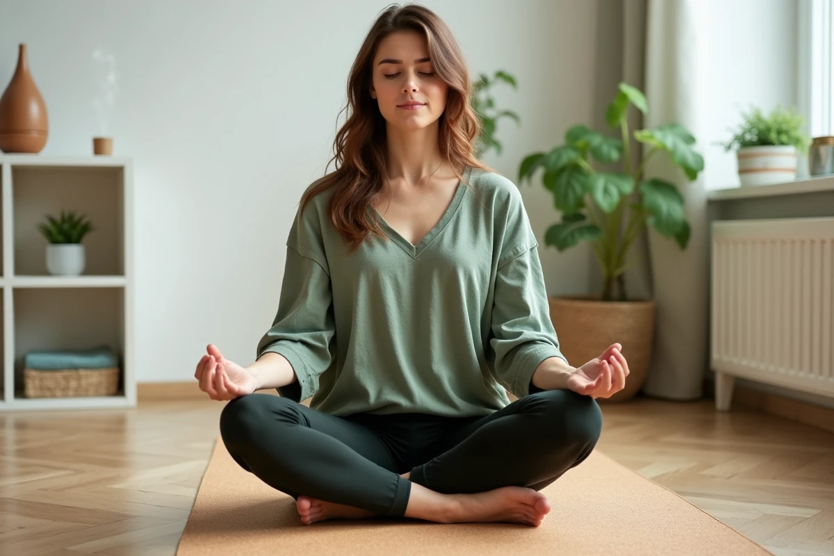 Jeune maman en tenue de yoga pratiquant la méditation sur un tapis en liège dans un salon lumineux, cadeau bien-être post-accouchement