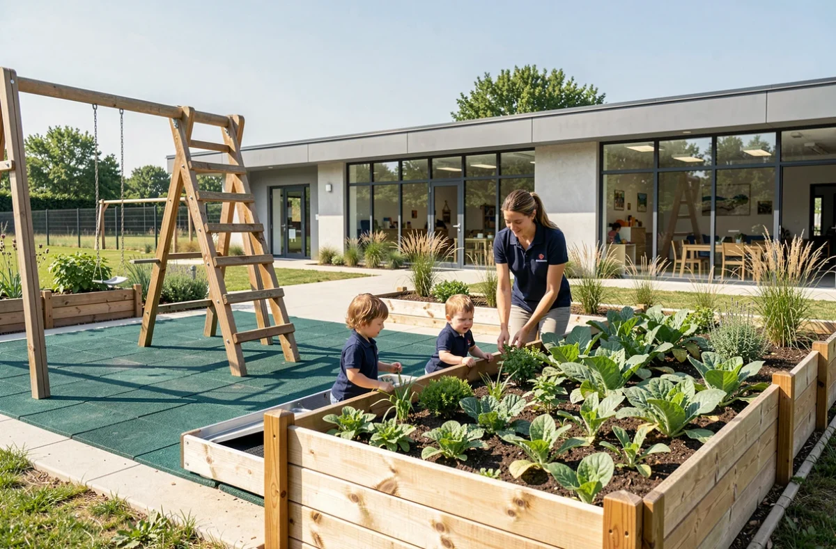 Aire de jeux extérieure de la crèche Youbee For Kids en Gironde avec éducatrices et enfants dans le jardin potager